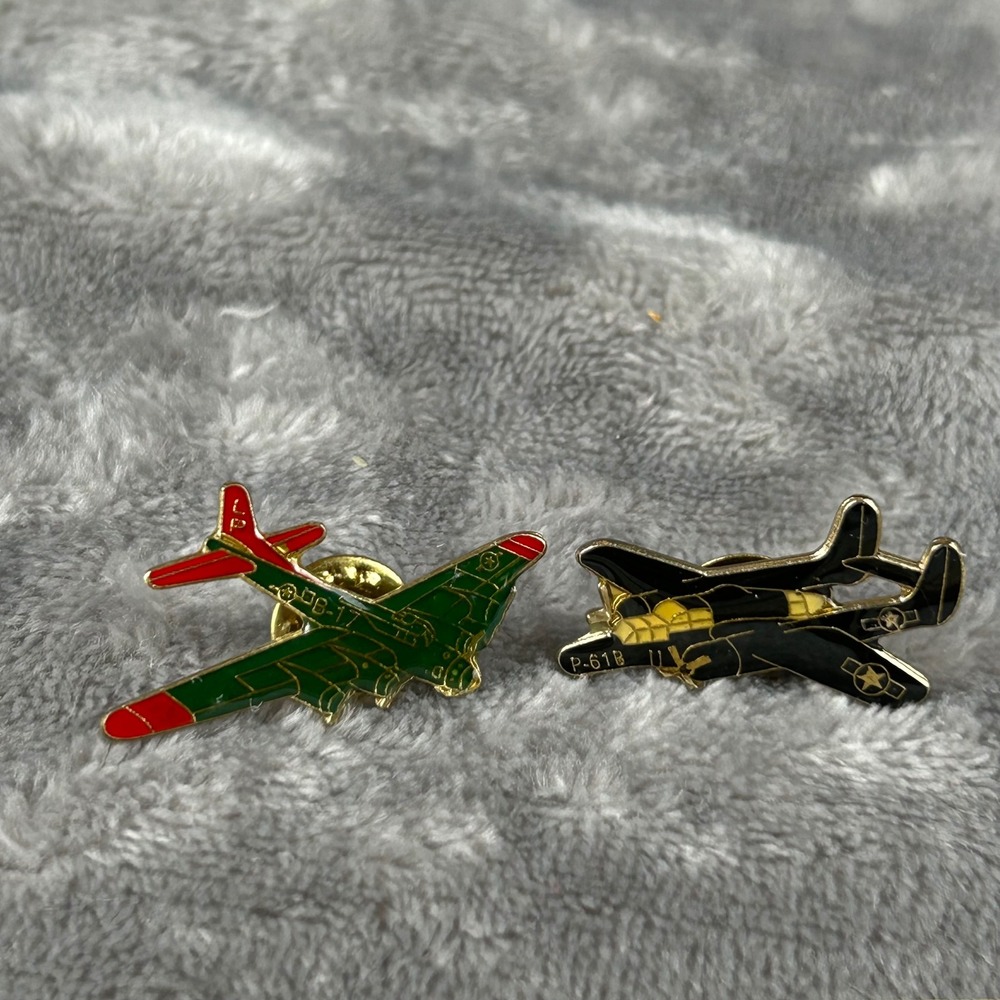 Vintage WWII Airplane Enamel Lapel Pins B-17 Flying Fortress & P-61 Black Widow